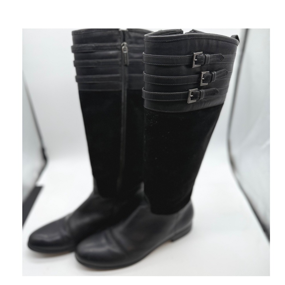 Aquatalia boots 9 Black Leather‎ Suede Knee High Boots Women's Buckle Italy